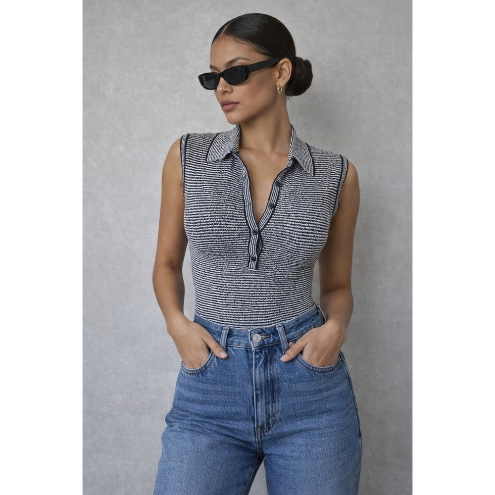 Drole de Copine Striped Knit Bodysuit Sz S/M Sleeveless Y2K Retro Parisian Chic‎